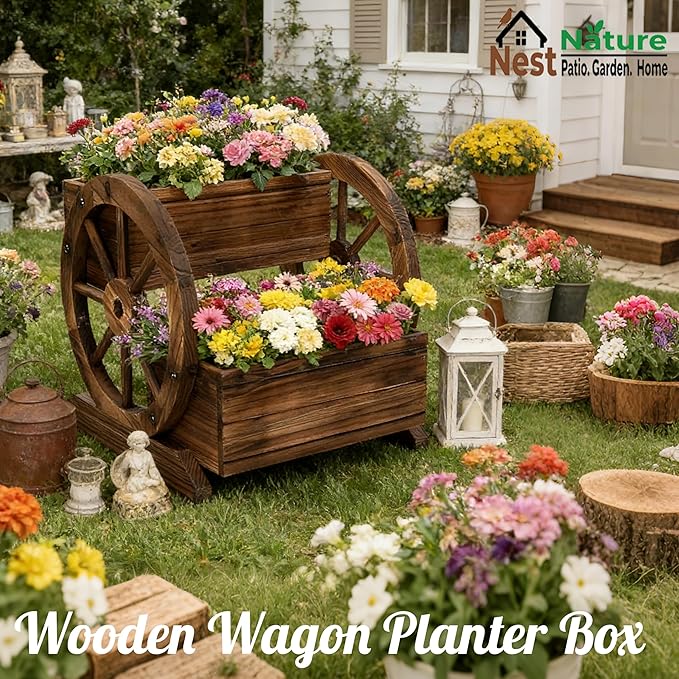 NestNature Wooden Wagon Planter Box,Raised Garden Bed,Decorative Garden Planters with Wheels-Outside Flower Pots for Indoor/Outdoor Décor Plants