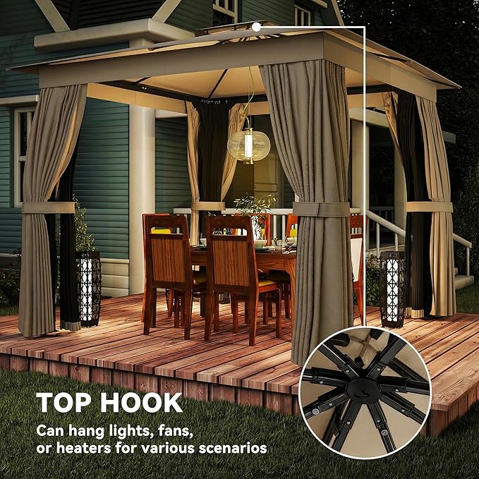 Outsunny 10' x 10' Outdoor Patio Gazebo, Heavy Duty Gazebo Canopy Shelter with Double Roof, Curtains, Netting, Steel Frame, UPF30+ Protection, Ceiling Hook for Lawn, Backyard, Deck, Khaki