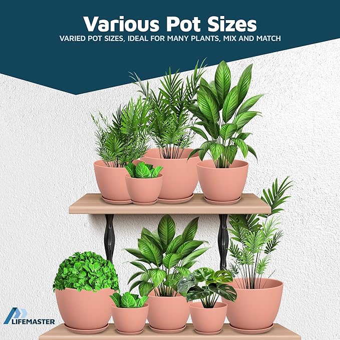 Pink Plant Pots with Drainage Holes & Saucers 15 Pack, Indoor & Outdoor Stackable Space-Saving Planters for Houseplants & Flowers, (7", 6.7", 6", 5.3", and 4.8" Inches), Durable & Weatherproof