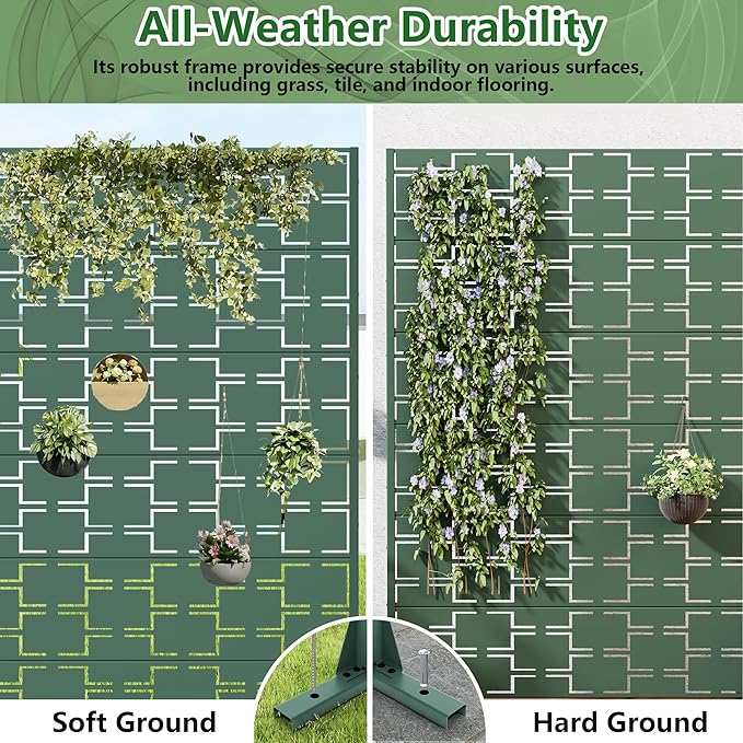 Casaphoria Metal Privacy Screen Outdoor, 72" H x 47" W Freestanding Decorative Privacy Screen for Patio Deck Balcony Garden with Stable Base, Drakgreen-Square