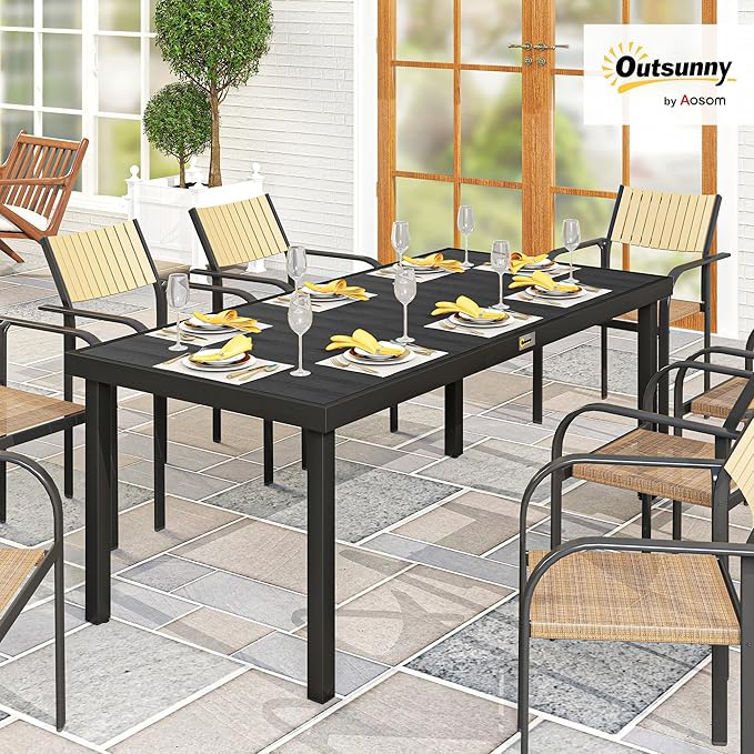 Outsunny 75" x 35" Outdoor Dining Table for 8 People, Rectangular Aluminum Frame Garden Table with All-Weather Faux Wood Top for Garden, Lawn, Patio, Black