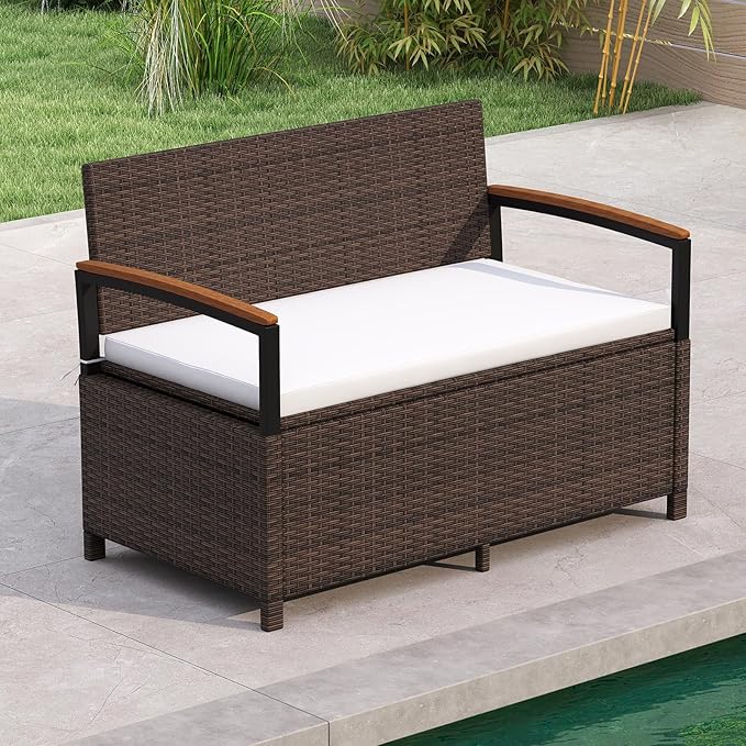 RELAX4LIFE Wicker Outdoor Storage Bench - Rattan Deck Box w/Protective Liner for Patio Furniture Pillows, Pool Supplies & Garden Tools, Porch Loveseat with Seat Cushion, Acacia Wood Armrests