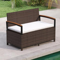 RELAX4LIFE Wicker Outdoor Storage Bench - Rattan Deck Box w/Protective Liner for Patio Furniture Pillows, Pool Supplies & Garden Tools, Porch Loveseat with Seat Cushion, Acacia Wood Armrests