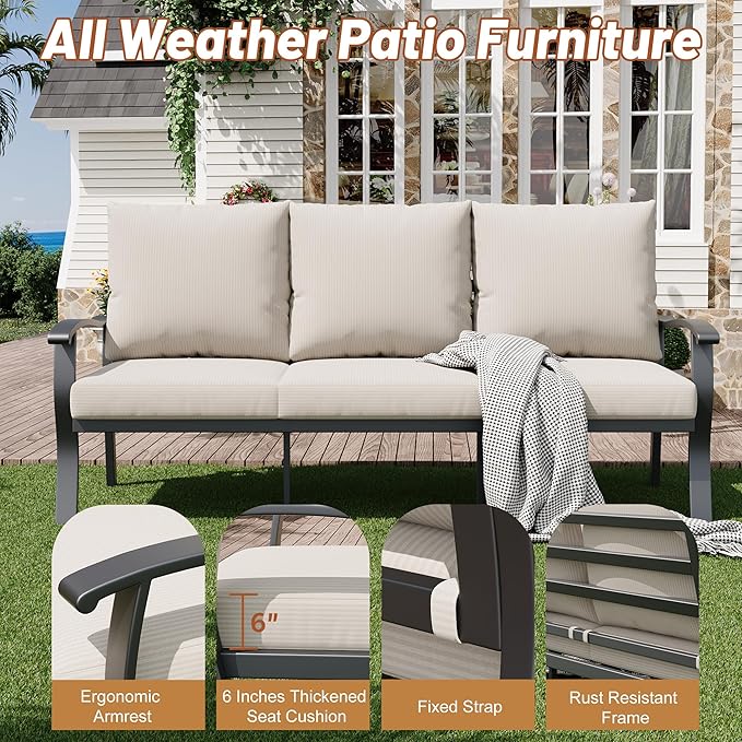 HOMREST Outdoor Couch Aluminum Patio Furniture Sofa, 3-Seat All-Weather Metal Outdoor Patio Furniture with Cushions, Beige