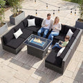 NICESOUL 9 Piece Extra Large Outdoor Patio Furniture Conversation Set with Fire Pit Natural Gas/Propane, 29.3'' High Back Modular Deep Seat Sectional Sofa Set for Outside, 2 Color Cushion Black&Gray