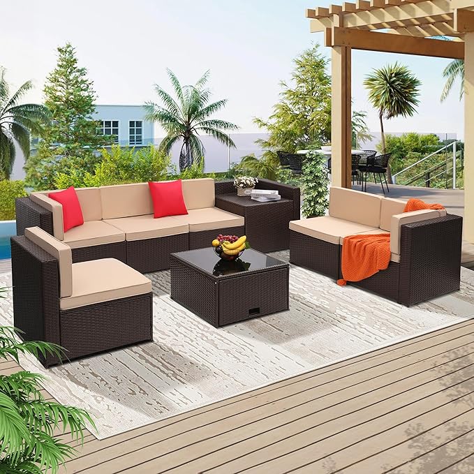 8-Piece Patio Furniture Set, Outdoor Wicker Rattan Sectional with Thick Cushions, Glass Top Table with Hidden Storage, Outdoor Conversation Set for Backyard, Porch, Patio, Beige