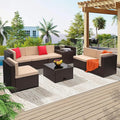 8-Piece Patio Furniture Set, Outdoor Wicker Rattan Sectional with Thick Cushions, Glass Top Table with Hidden Storage, Outdoor Conversation Set for Backyard, Porch, Patio, Beige