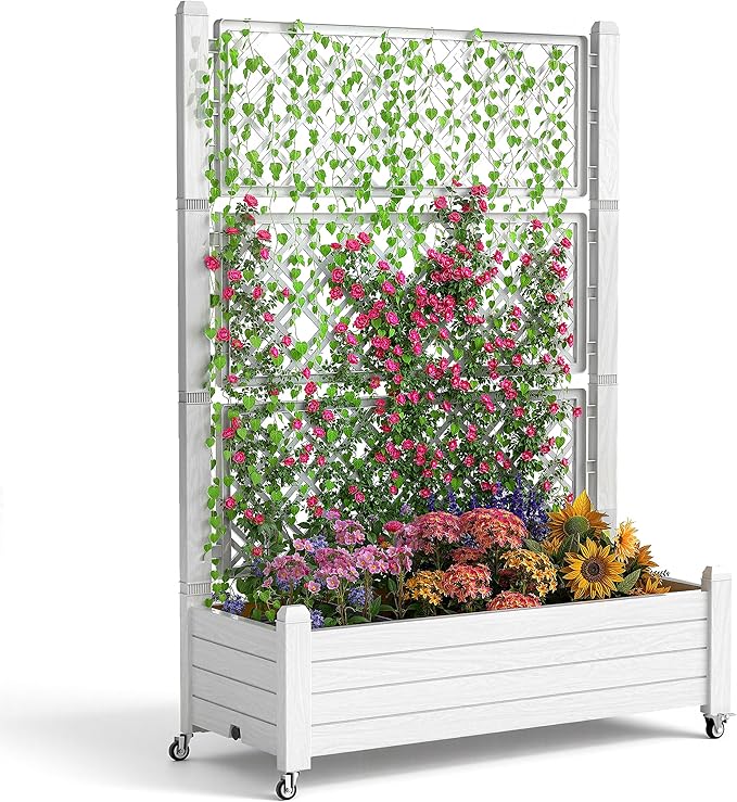 EasyUp Raised Garden Bed with Trellis for Climbing Plants,Outdoor Herb Garden Planter with Drainage Plug and Gauge,Durable Dust-Proof Resin for Garden, Patio, Balcony, and Backyard