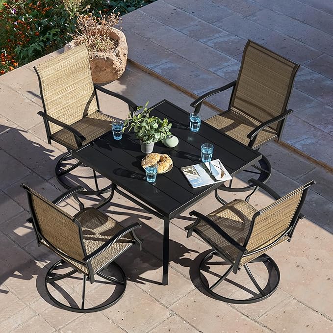 NUU GARDEN Outdoor Patio Dining Set, 4 Swivel Textilene Dining Chairs and 37" Square Dining Table with 1.57'' Umbrella Hole, Powder Coated Iron Frame, for Patio, Garden, Backyard, Black and Brown