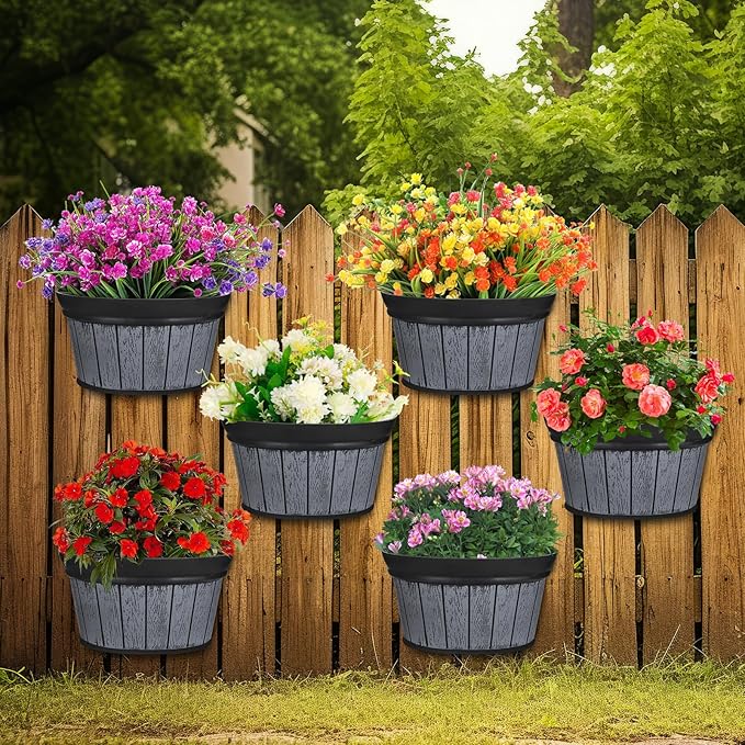 Layhit 6 Pcs Wall Hanging Planters Outdoor Pot Planter Wine Barrel Planter Distressed Oak Thickened Plastic Water Storage Flower Pots for Flower Indoor Outdoor(10 Inches,Black)