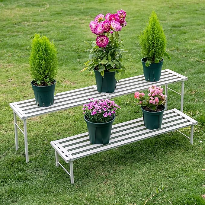 Metal Plant Stand, Rust-proof Aluminum Flower Pot Stand, Heavy Duty Planter Display Shelving for Patio Balcony Garden Living Room Decorative (White, 35.4 Inch)
