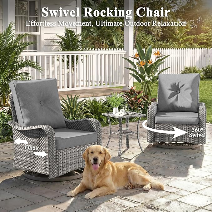2-Seat Modern Patio Furniture Set with Swivel Rocking Chairs, Thick 4″ Cushions, Dual-Strand Wicker Rattan, Rust-Resistant Steel Frame – Outdoor Conversation & Modular Sectional,Gray