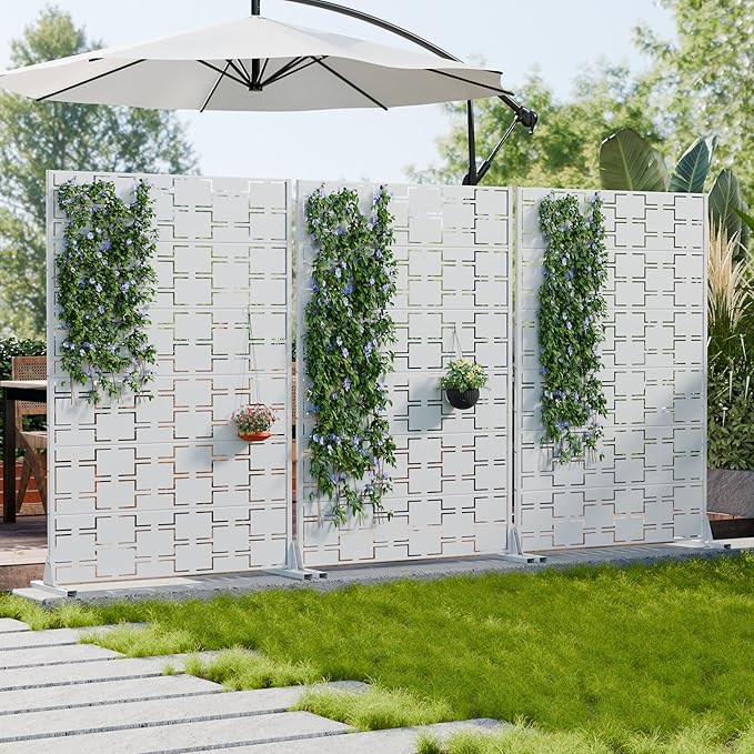 Casaphoria Metal Privacy Screen Outdoor, 72" H x 35" W Freestanding Decorative Privacy Screen for Patio Deck Balcony Garden with Stable Base, White-Square