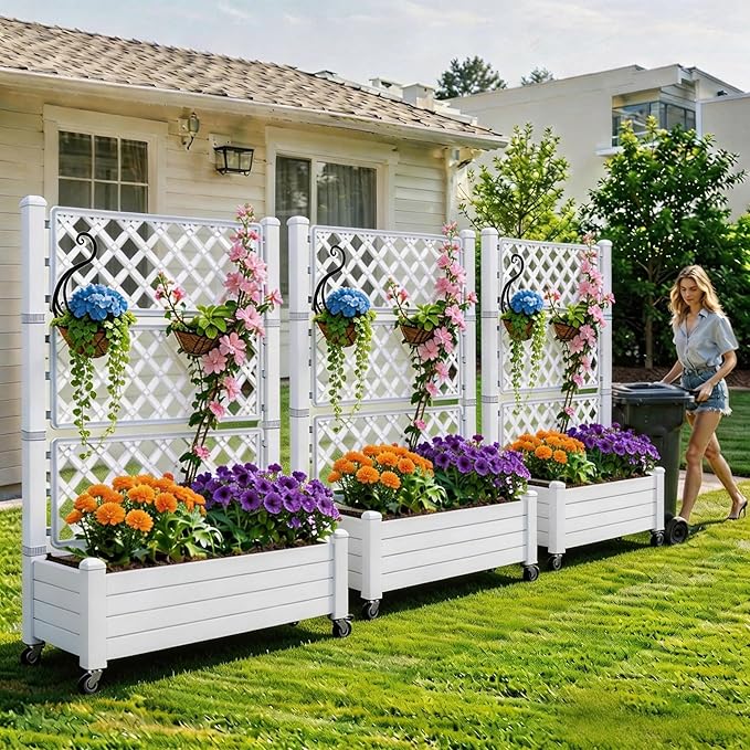 YITAHOME 43.3x17.7x61 in Planter Trellis Box with Wheels & Drain Plug, Outdoor Resin Raised Garden Bed for Climbing Plants, Large Weather-Resistant Design, Grayish-White