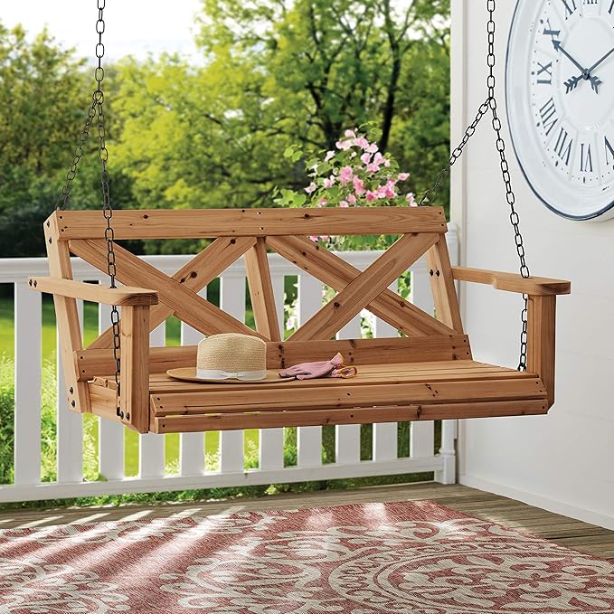 Backyard Discovery 55" Cedar Wood Farmhouse Outdoor Porch Swing Bench with Two-Person Seating, Durable Hanging Chains, Water-Resistant, Heavy-Duty 600 Lbs Weight Capacity for Patio, Deck, Garden