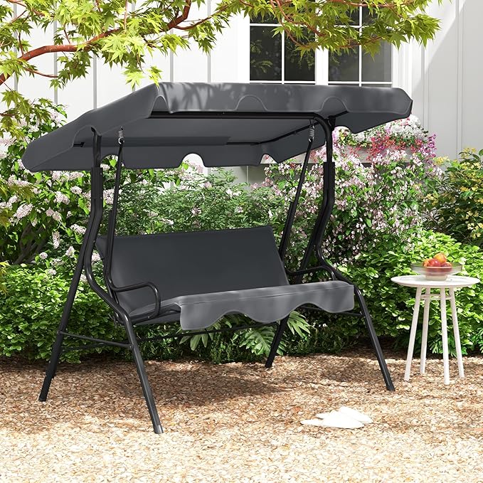 Tangkula 3 Person Porch Swing, Patio Swing with Removable Cushion & Powder-Coated Steel Frame, Outdoor Swing with Canopy for Porch, Backyard, Garden, Balcony (Gray)