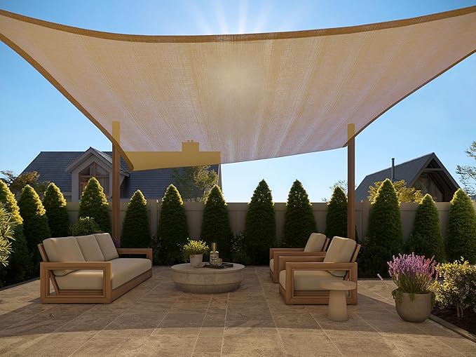 GORILLA GRIP Heavy Duty Sun Shade, UV Protection Fade Tear and Rust Resistant Rectangle Sunshade Canopy, Curved Edges Blocks Sunlight, Breathable Sail, Outdoor Patio, Lawn Garden 12x12 FT Sand