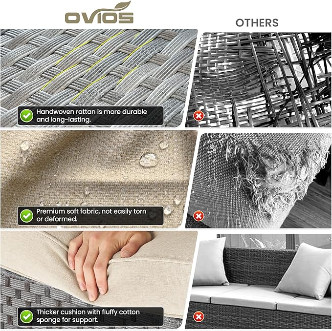ovios 6 Pieces Patio Furniture Set, Outdoor Wicker Sectional Sofa with Glass Table Comfy Cushions, Modern Modular Deep Seat Couch Rattan Conversation Set, Beige
