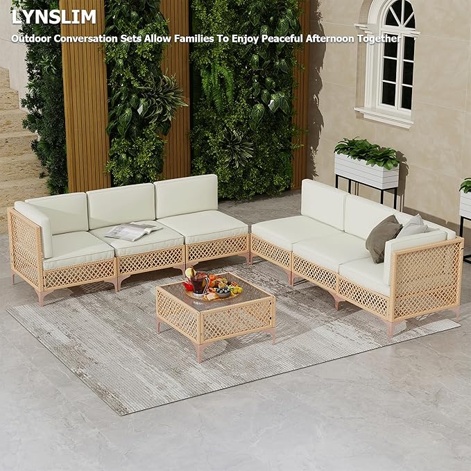 LYNSLIM Outdoor Patio Furniture Set, Wicker Outdoor Sectional Set, Boho Patio Conversation Sectional Sofa with Large Tempered Glass Coffee Table and Waterproof Cushion (7-Piece Thickened)