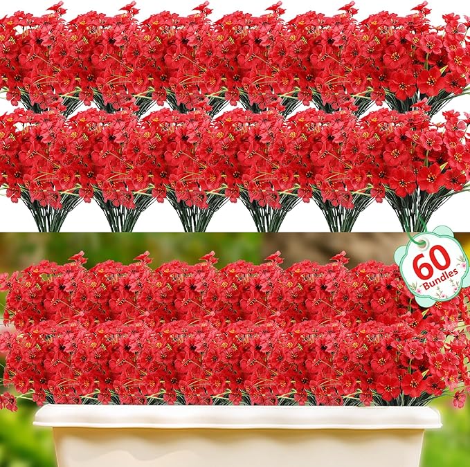 60 Pack Artificial Flowers for Outdoor Indoor Fake Plants, Faux Silk Flowers for Outdoors Outside Front Porch Hanging Planter Window Box Garden Spring Decoration(Red)