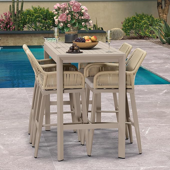 PURPLE LEAF Outdoor 29" Bar Stools Set of 2, Boho Patio Bar Height Chair with Cushion and Back for Outdoor and Indoor, Garden, Patio, Champagne
