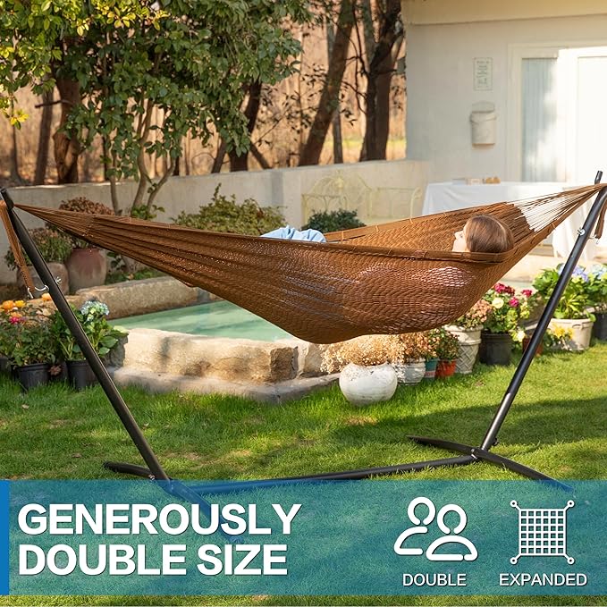 PNAEUT Double Hammocks with Stand for Outside, Portable Space Saving Heavy-Duty Steel Stand for Indoor Outdoor Patio (Mayan Desert)
