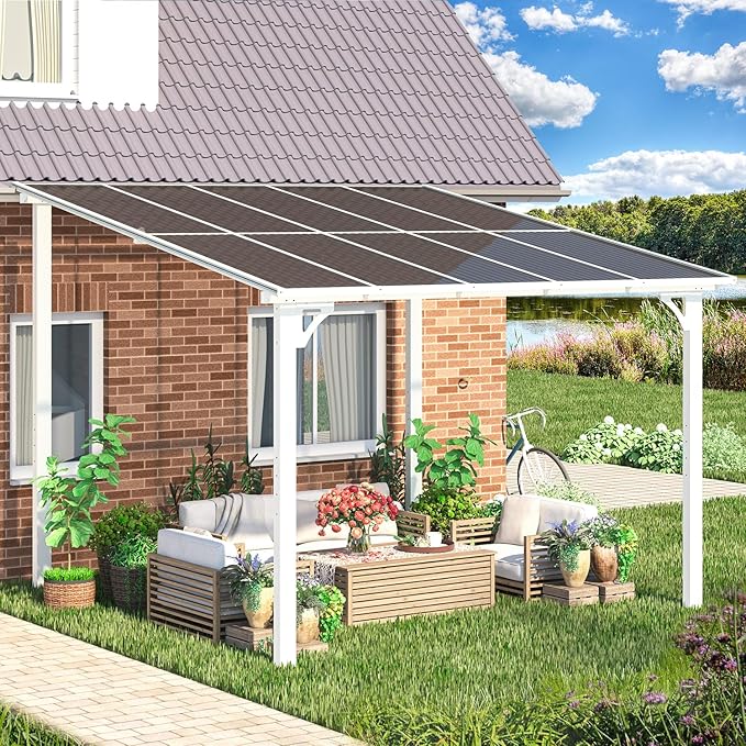 AECOJOY 10' x 10' Pergola Gazebo in White, Small Wall Mounted Pergolas and Gazebos on Clearance, Outdoor Patio Lean to Gazebo Metal Awnings for Deck, Porch, Backyard and More