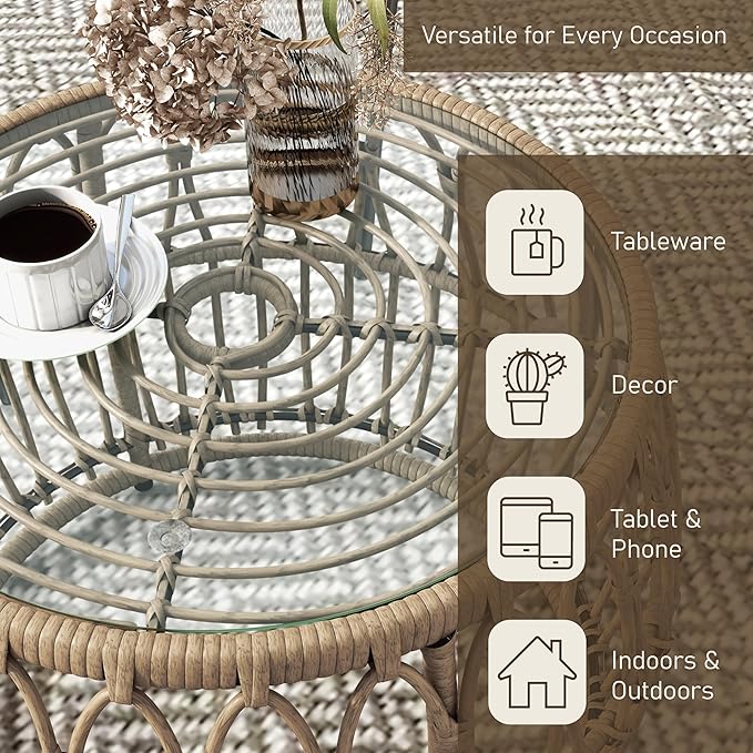Furniture of America Ysar Boho Rattan Round Coffee Table Outdoor with 5mm Tempered Glass Top, All-Weather and Rust Resistant Patio Furniture
