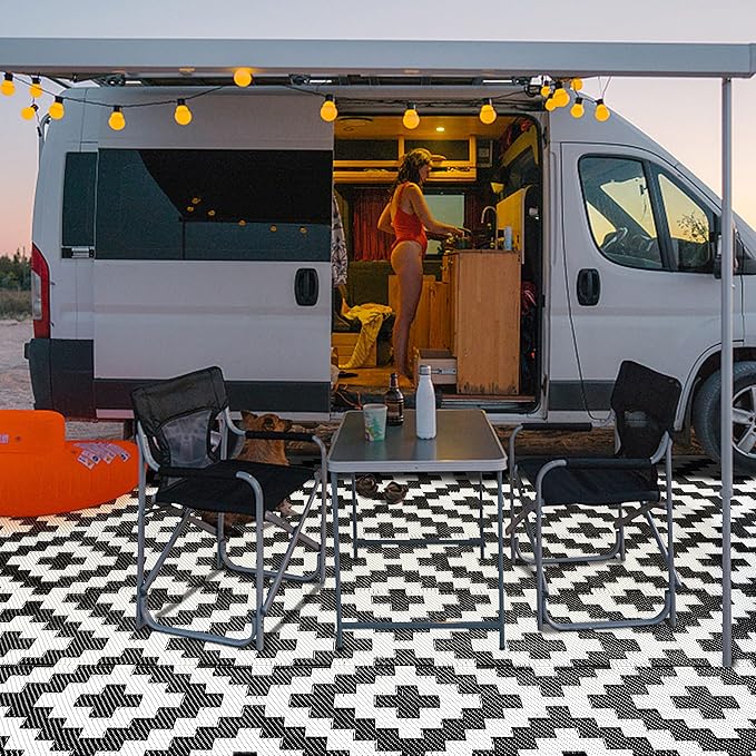 SAND MINE Waterproof Outdoor Rug 6x9 ft, Reversible Mats, Modern Area Rug, Large Floor Mat and Rug for Outdoors, RV, Patio, Backyard, Deck, Picnic, Beach, Trailer, Camping, Black & White Lattice