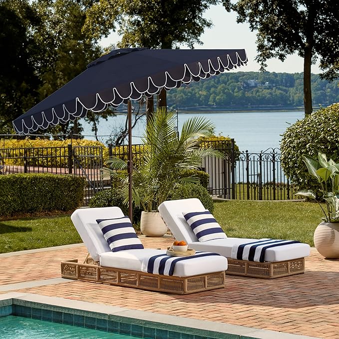 SAFAVIEH 9ft Outdoor Patio Umbrella, Round, Valance, White & Navy Trim, Auto Crank Tilt, UV Resistant for Deck, Backyard, Poolside (PAT8006G)