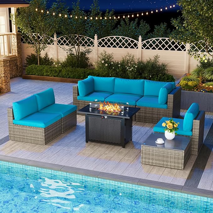 8 Pieces Outdoor Patio Furniture Set with 43" Fire Pit Table, Wicker Outdoor Patio Sectional Sofas with Coffee Table and Cushions, All-Weather Patio Conversation Set for Garden Backyard, Light Blue