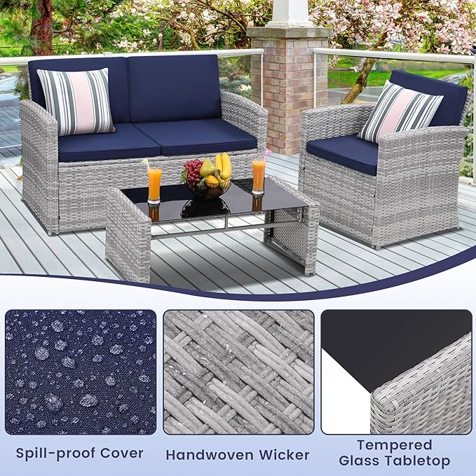 4-Piece Patio Furniture Set, Wicker Outdoor Rattan Sectional Sofa with Cushions and Glass Table, All-Weather Outdoor Conversation Set, Ideal for Garden, Porch, Backyard, Navy