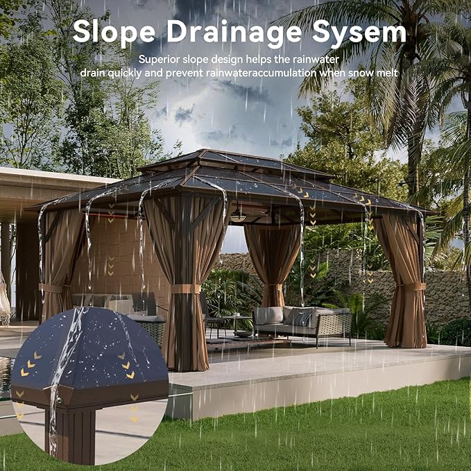 Aoxun 12'x16' Hardtop Gazebo, Aluminum Frame Permanent Pavilion with Curtains and Netting, Outdoor Polycarbonate Double Roof Canopy, Designed for Garden, Lawns, Patio
