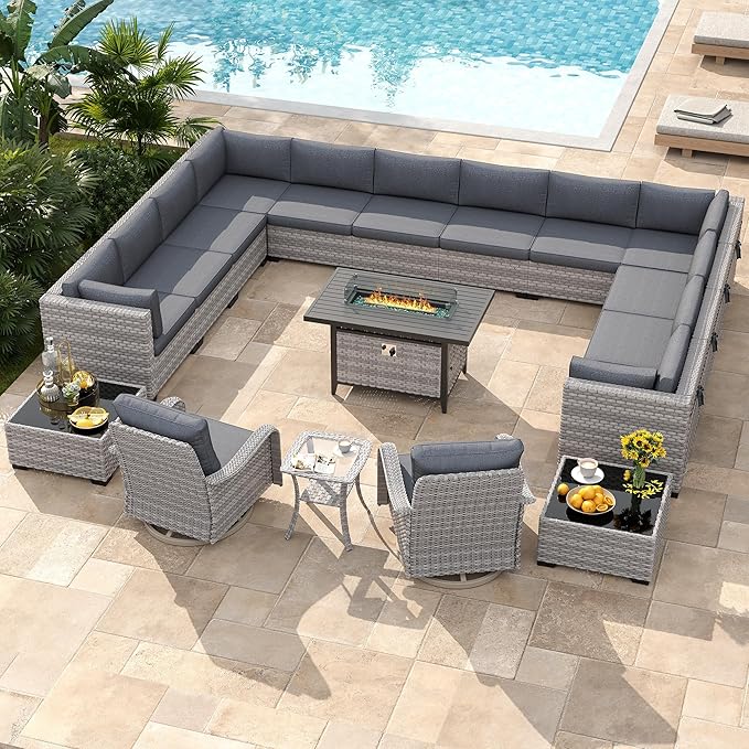 14-Seat Outdoor Wicker Patio Furniture Set with Fire Pit Table, Modular Rattan Sectional Sofa & 2 Swivel Rocking Chairs, 4" Thick Cushions, Rust-Resistant Frame,Black