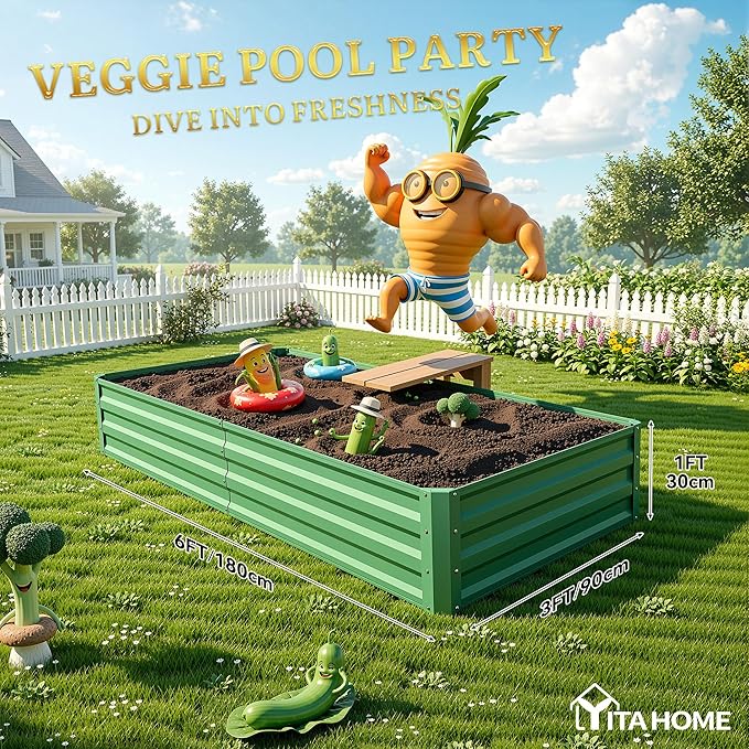 YITAHOME 6x3x1ft 2pcs Large Raised Garden Bed Kit, Galvanized Metal Planter Box with Gloves, Ground Nails, Support Rod, Outdoor Above Ground Planters for Plants Vegetables Flowers, Green