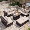 NICESOUL 29.3'' High Back Outdoor Patio Sectional Furniture with Firepit Table Natural Gas & Propane Convertible, 8 Seater Deep Wide Modern Couch, Extra Large Wicker Conversations for Backyard, Brown