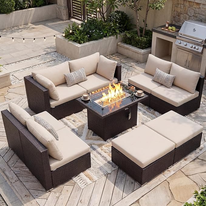 NICESOUL 29.3'' High Back Outdoor Patio Sectional Furniture with Firepit Table Natural Gas & Propane Convertible, 8 Seater Deep Wide Modern Couch, Extra Large Wicker Conversations for Backyard, Brown