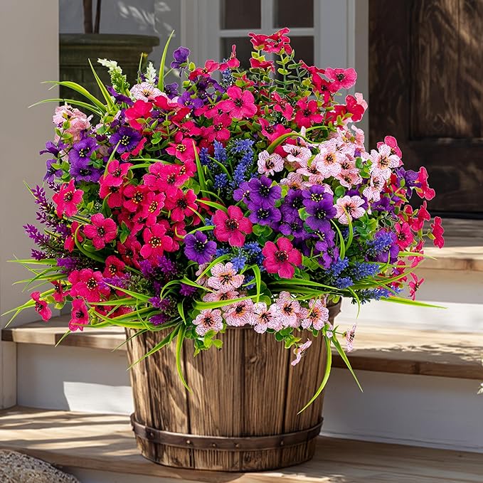 Artificial Flowers for Outdoors Fake Plants - 16 Bundles Faux Outside Greenery Boxwood No Fade Plastic Shrubs Fall Decor Farmhouse Home Garden Thanksgiving Mums (Mix White Purple Pink)
