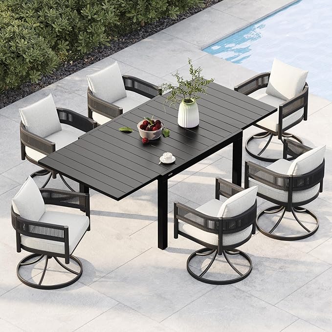 Grand patio 7-Piece Outdoor Dining Set for 6 with 1 Rectangle Expandable Table for 4-6 Person, Metal Woven Wicker Swivel Patio Chairs with Thickened Cushions for Yard, Poolside, Deck (Black)
