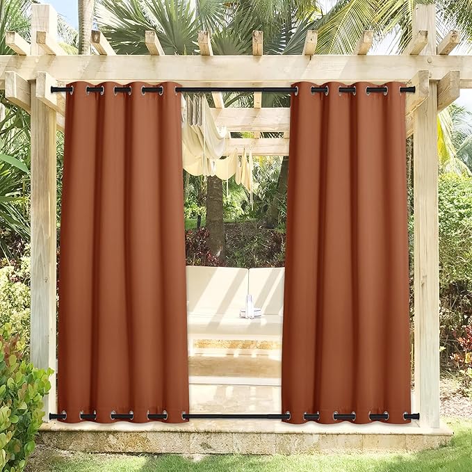 NICETOWN Outdoor Curtains Waterproof & Windproof, Thermal Insulated Top and Bottom Rustproof Grommet Heavy Weight Sunlight Block Patio Drapes, Burnt Orange, 52 x 95 inches