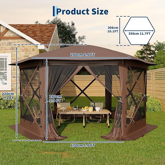 11.5x11.5FT 6-Sided Pop Up Gazebo Tent，One-Push Setup Canopy Tent with Mesh Panels & Removable Wind Cloths, Outdoor shelter for Camping, Backyard Parties, Outdoor Events - Beige & Khaki
