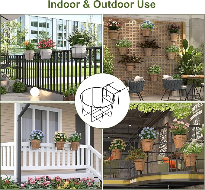 TQVAI 10 Inch Railing Planter - Fit for 3 to 5.5 Inches Railing - Adjustable Hanging Planters Outdoor Balcony Deck Flower Pot Holder Metal Baskets for Garden Orchid, Patio Ledge, 3 Pack, Black