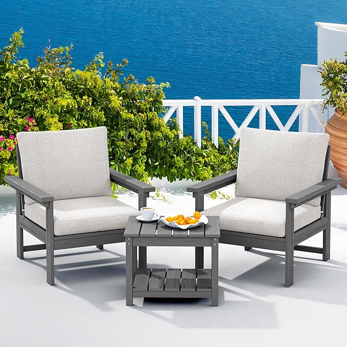 SERWALL HDPE Patio Sofa Set, 3-piece Sectional Outdoor Furniture Set, All Weather Outdoor Couch Set Patio Furniture Set for Deck, Lawn, Grey Frame with Khaki Cushion