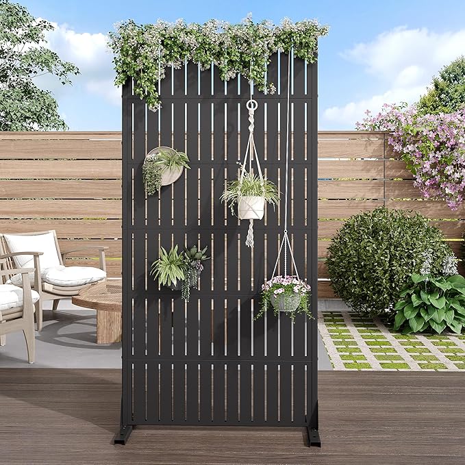 Casaphoria Metal Privacy Screen Outdoor, 72" H x 35" W Freestanding Decorative Privacy Screen for Patio Deck Balcony Garden with Stable Base, Fence Black