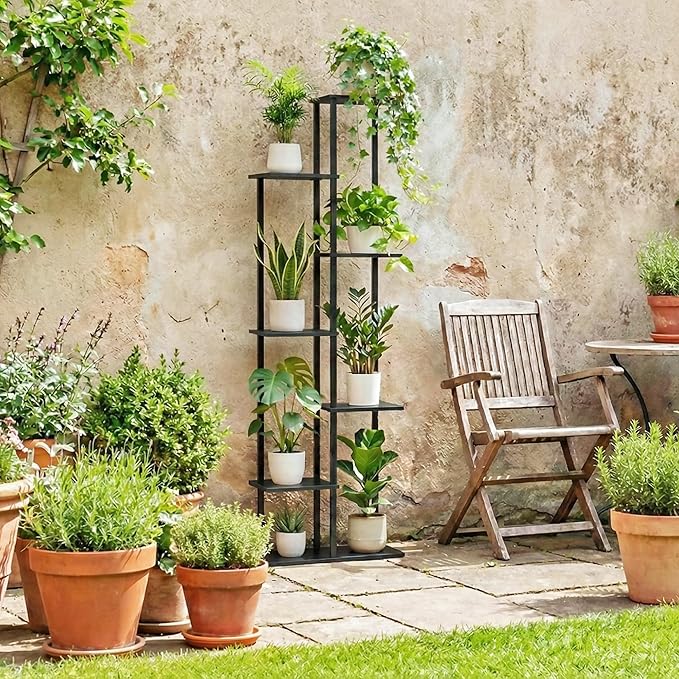 Plant Stand Indoor 7 Tier 8 Potted Metal Wood Plant Shelf, Multiple Flower Pots Corner Tall Plant Holder Stands for Living Room Balcony Bedroom, Black