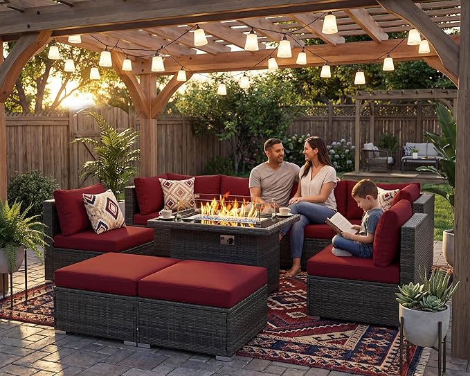 NICESOUL 9 Piece Extra Large Outdoor Patio Furniture Set with Firepit Table Natural Gas/Propane, 29.3'' High Back Gray Wicker Sectional Sofa, Deep Sitting Conversation,2 Color Cushion Burgundy & Gray