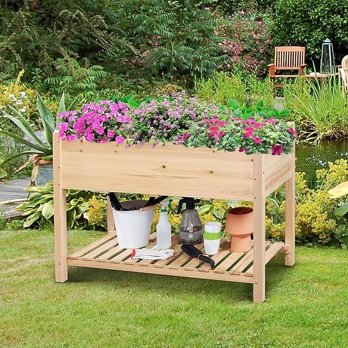 Yaheetech 47x23x32in Wooden Raised Garden Bed with Legs & Storage Shelf Horticulture Wooden Elevated Planter Box Vegetable Growing Bed for Flower/Herb/Backyard/Patio, 2pcs