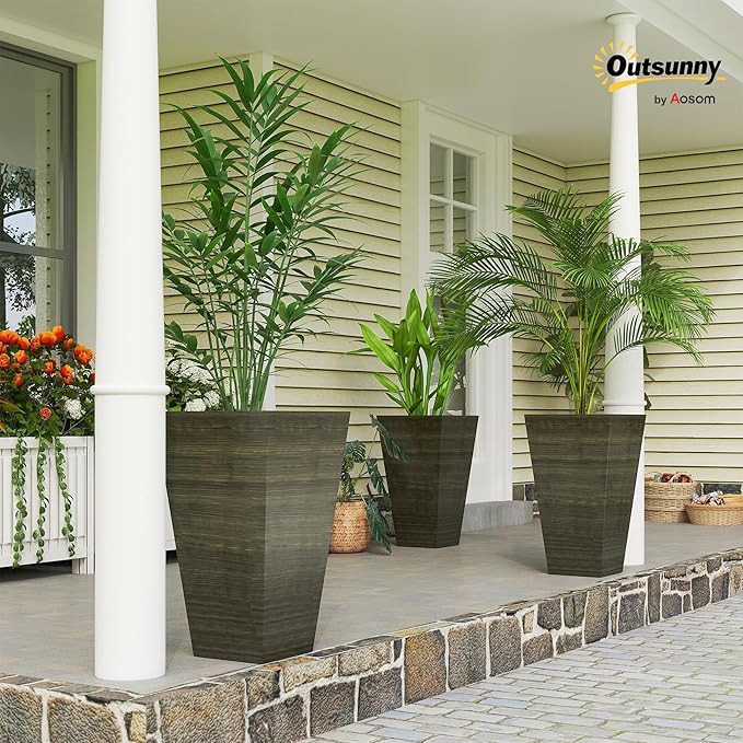 Outsunny Tall Planter for Outdoor Plants Set of 3, 28 Inch Taper Planter with Drainage Holes, Wood Grain Decor Garden Pot for Indoor Outdoor Porch Patio Backyard, Dark Brown