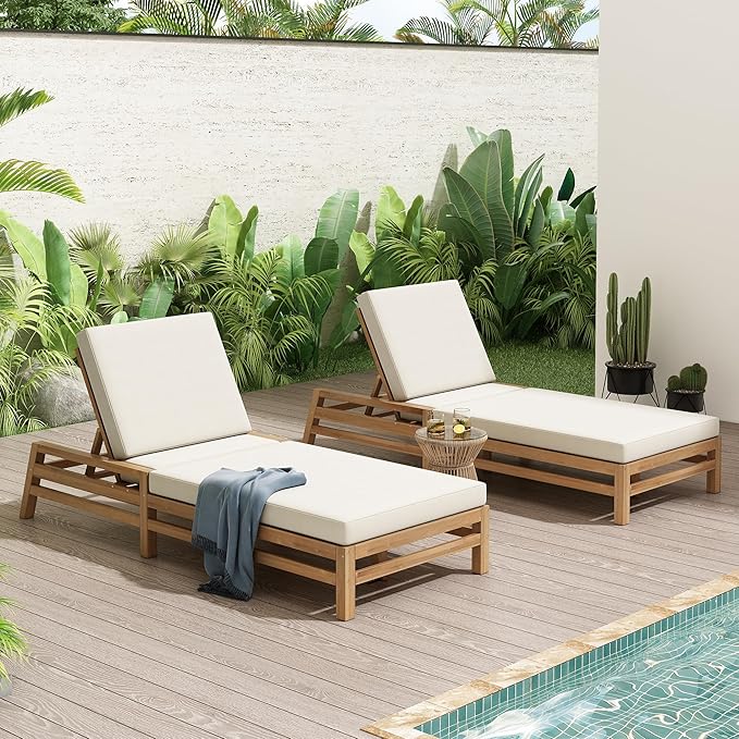 LUMISOL Outdoor Chaise Lounge Chairs Set of 2, Solid Wood Patio 5-Position Adjustable Recliner Chair with Thick Cushions, Weather-Resistant for Pool, Balcony, Garden, Light Teak
