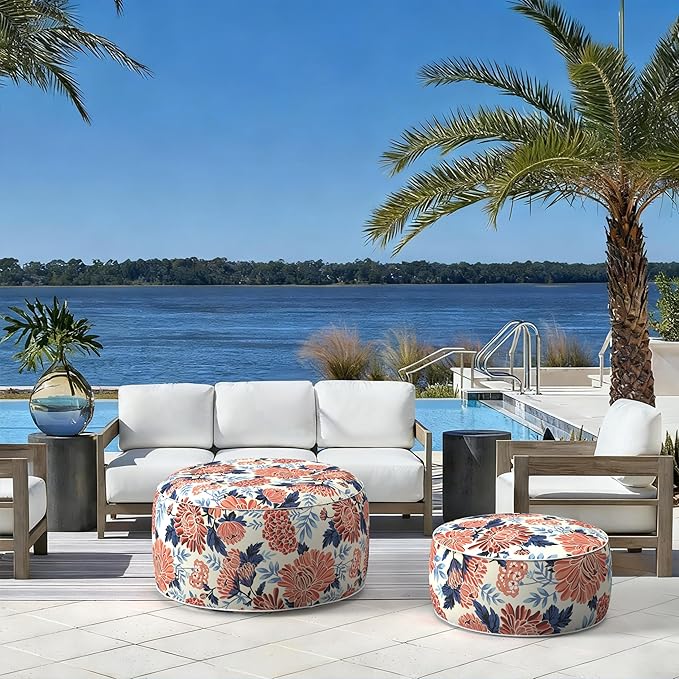 LVTXIII Indoor/Outdoor Extra Large Inflatable Ottoman Pouf D31 x H14 Inch, Round Footstool with Handle, Weather-Resistant Portable Furniture for Patio, Camping, Beach, Vibrant Blossom